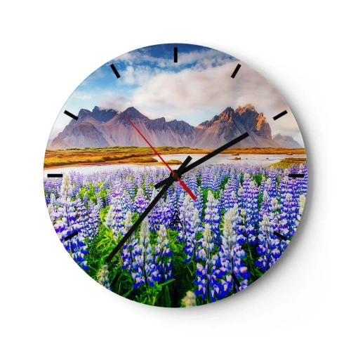 Reloj de pared - Reloj de vidrio - Paisaje con campos de flores y montañas al fondo. - 30x30cm - La fuerza y la severidad junto a la dulzura - Decoración de pared moderna para salón, cocina y dormitorio ARTTOR