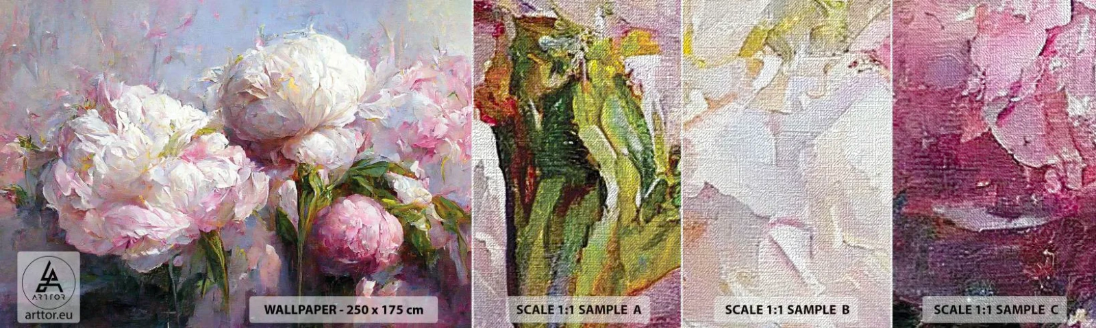 Muestra de fotomural Premium Canvas - Un ramo rebosante de vida - flores, Peonías, Clasicismo - 100x30 cm