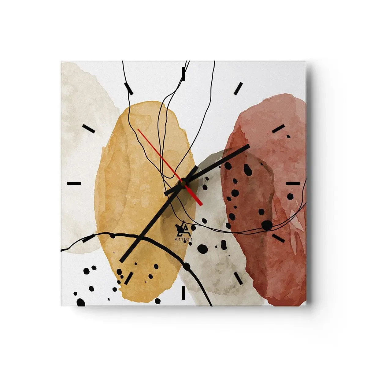 Reloj de pared - Reloj de vidrio - Manchas abstractas en tonos beige, amarillo y rojo. - 30x30cm - Líneas y transparencias - Decoración de pared moderna para salón y dormitorio ARTTOR