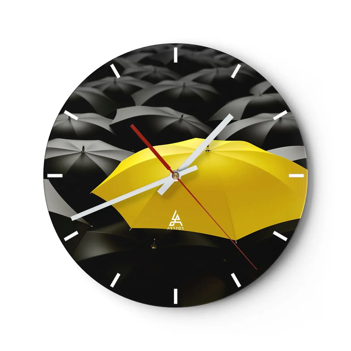 Reloj de pared - Reloj de vidrio - Un paraguas amarillo que destaca sobre el fondo negro. - 30x30cm - Adiós a la tristeza - Decoración de pared moderna para salón, cocina y dormitorio ARTTOR