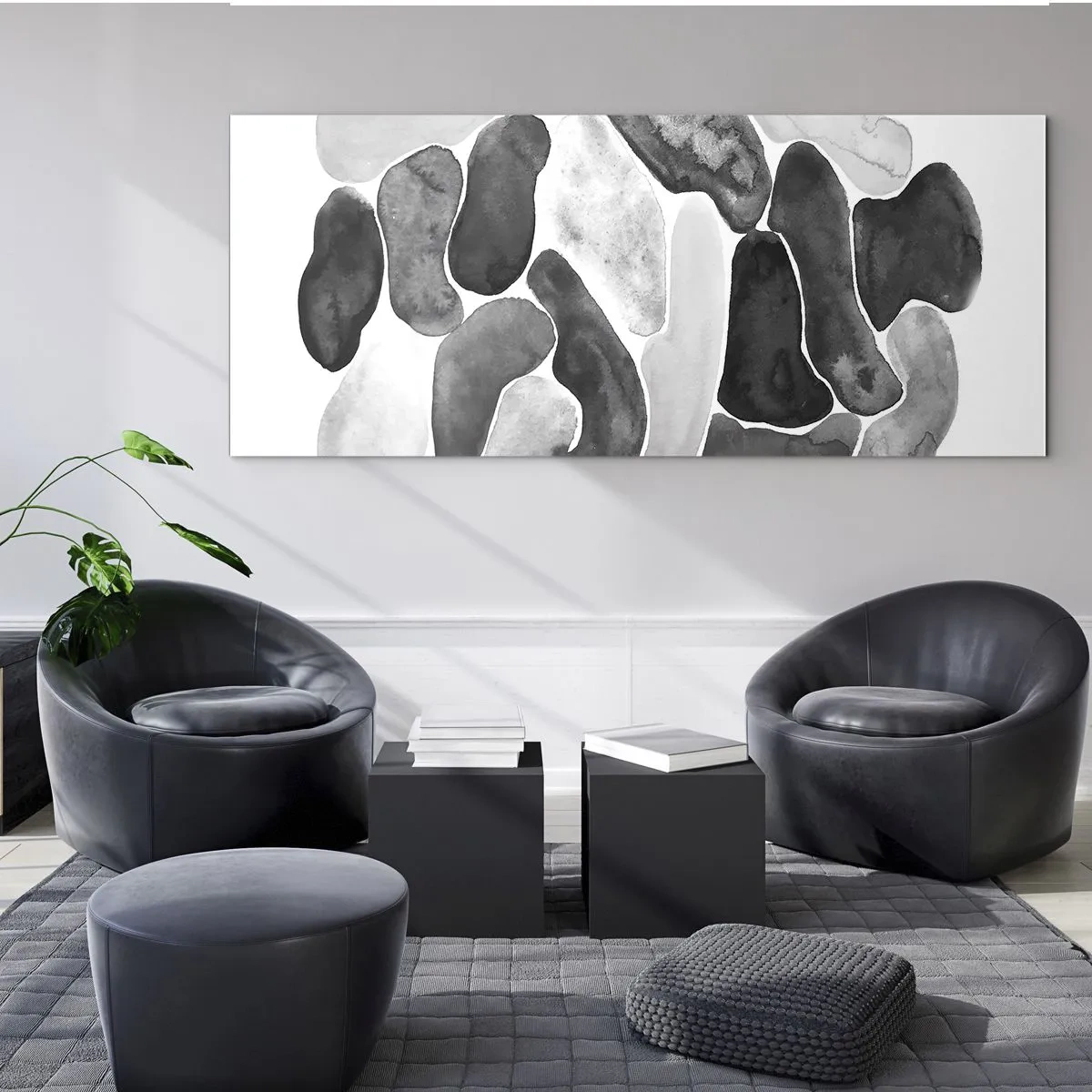 Cuadro sobre vidrio - Impresiones sobre Vidrio - Abstracción en blanco y negro con manchas irregulares sobre un fondo blanco. - 120x50cm - Abstracción pétrea - Decoración de pared moderna para salón y dormitorio ARTTOR