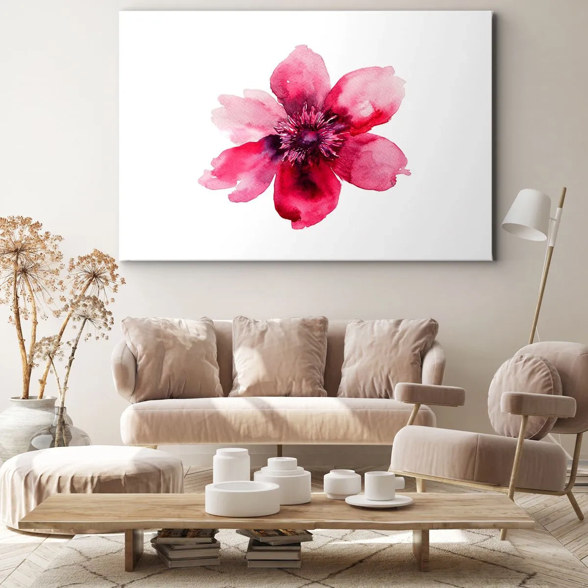Cuadro sobre lienzo - Impresión de Imagen - Flor rosa en estilo acuarela sobre fondo blanco. - 100x70cm - Un beso con aroma a carmín - Decoración de pared moderna para salón y dormitorio ARTTOR