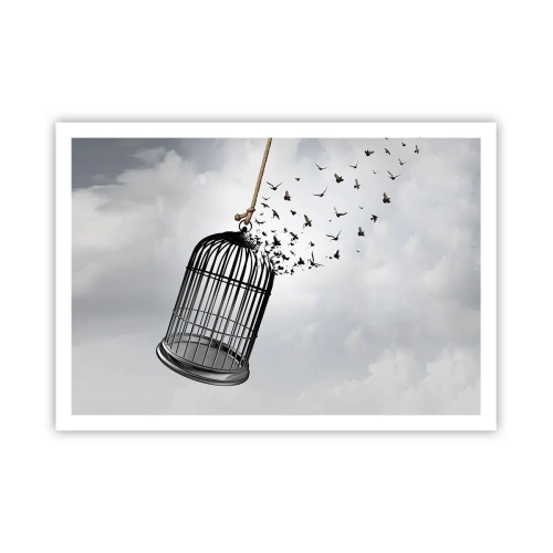 Póster - Pájaros volando desde una jaula contra el cielo. - 100x70cm - Fe... Esperanza... ¡Libertad! - Decoración de pared moderna para salón y dormitorio ARTTOR
