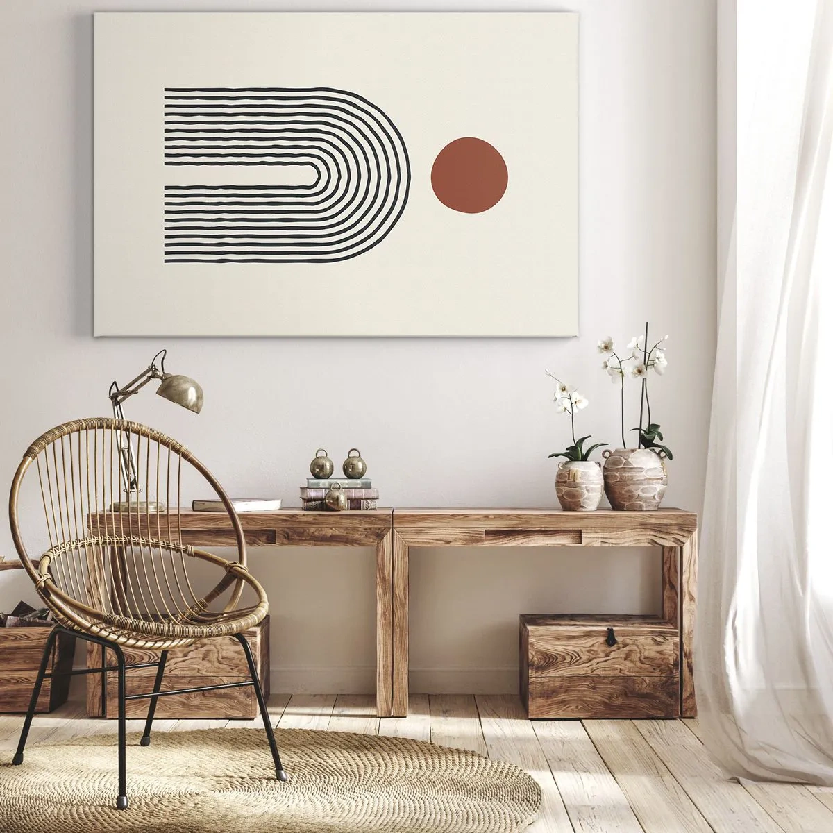 Cuadro sobre lienzo - Impresión de Imagen - Patrón abstracto moderno con líneas y un círculo rojo. - 100x70cm - Magnetismo de formas y colores - Decoración de pared moderna para salón y dormitorio ARTTOR