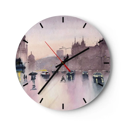 Reloj de pared - Reloj de vidrio - Calle lluviosa con peatones y coches al anochecer - 30x30cm - En una niebla lluviosa - Decoración de pared moderna para salón, cocina y dormitorio ARTTOR