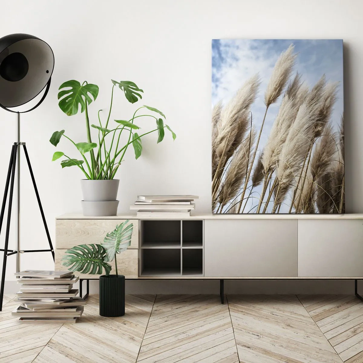 Cuadro sobre lienzo - Impresión de Imagen - Delicadas hierbas de la pampa contra un cielo azul con nubes ligeras - 50x70cm - Una caricia soleada y ventosa - Decoración de pared moderna para salón y dormitorio ARTTOR