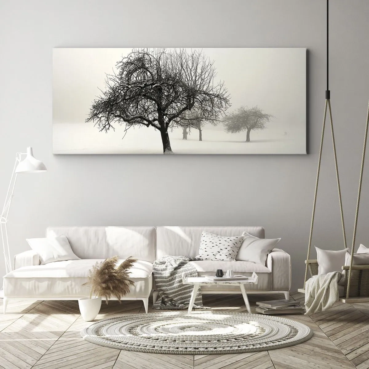 Cuadro sobre lienzo - Impresión de Imagen - Árboles en un campo cubierto de nieve rodeado de niebla. - 160x50cm - Sueño de invierno - Decoración de pared moderna para salón y dormitorio ARTTOR