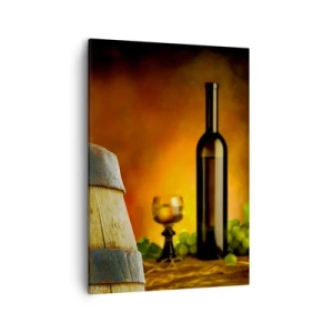 Cuadro sobre lienzo - Impresión de Imagen - Uvas en un barril de vino con un esquema de colores cálidos en el fondo. - 50x70cm - Bodegón con botella de vino y racimo de uvas - Decoración de pared moderna para salón y dormitorio ARTTOR