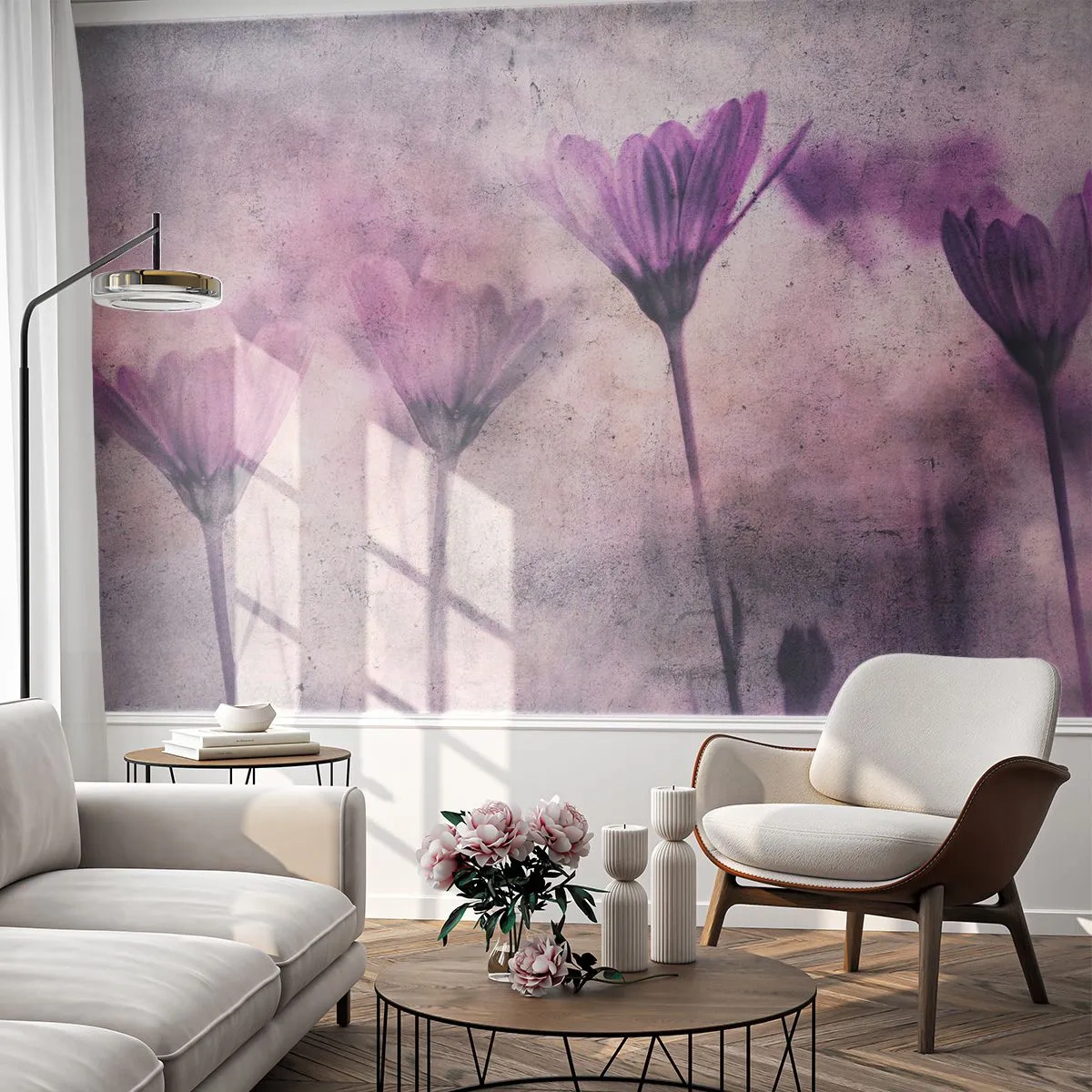 Fotomural Premium Sand - Delicadas flores moradas sobre un fondo texturizado. - 100x70cm - Sueño de flores - Decoración de pared moderna para salón y dormitorio ARTTOR