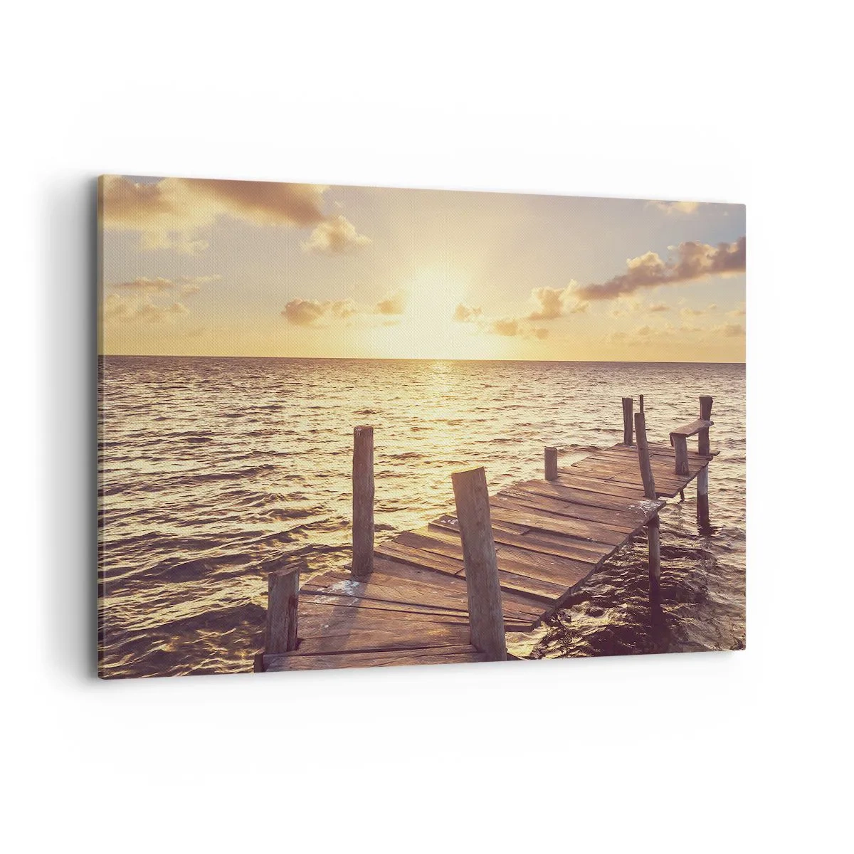 Cuadro sobre lienzo - Impresión de Imagen - Un embarcadero de madera que conduce hacia la puesta del sol. - 100x70cm - Una tierra dorada de dulzura - Decoración de pared moderna para salón y dormitorio ARTTOR