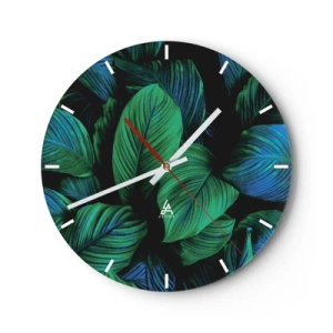 Reloj de pared - Reloj de vidrio - Hojas de color verde oscuro y azul en una composición densa. - 30x30cm - En la multitud verde - Decoración de pared moderna para salón, cocina y dormitorio ARTTOR