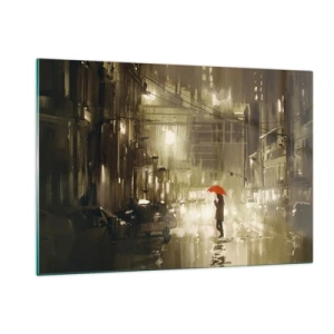 Cuadro sobre vidrio - Impresiones sobre Vidrio - Persona con paraguas rojo bajo la luz lluviosa de la ciudad por la noche - 120x80cm - Soledad en la urbe - Decoración de pared moderna para salón y dormitorio ARTTOR