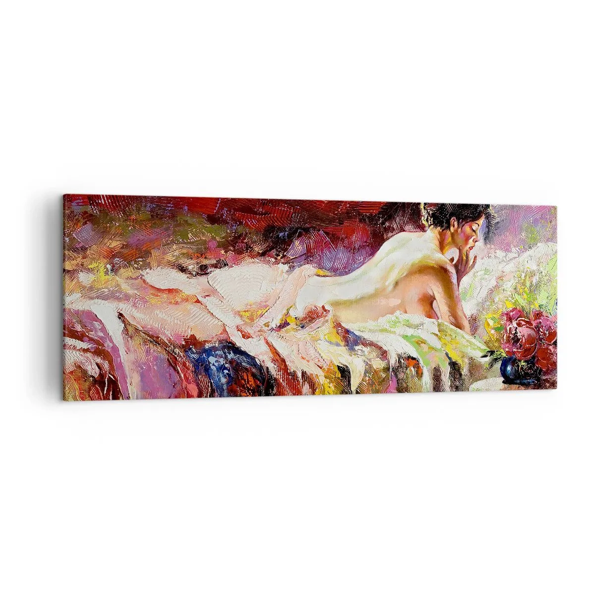 Cuadro sobre lienzo - Impresión de Imagen - Una mujer acostada en una cama sobre un fondo de colores abstractos. - 140x50cm - Una Venus reflexiva - Decoración de pared moderna para salón y dormitorio ARTTOR