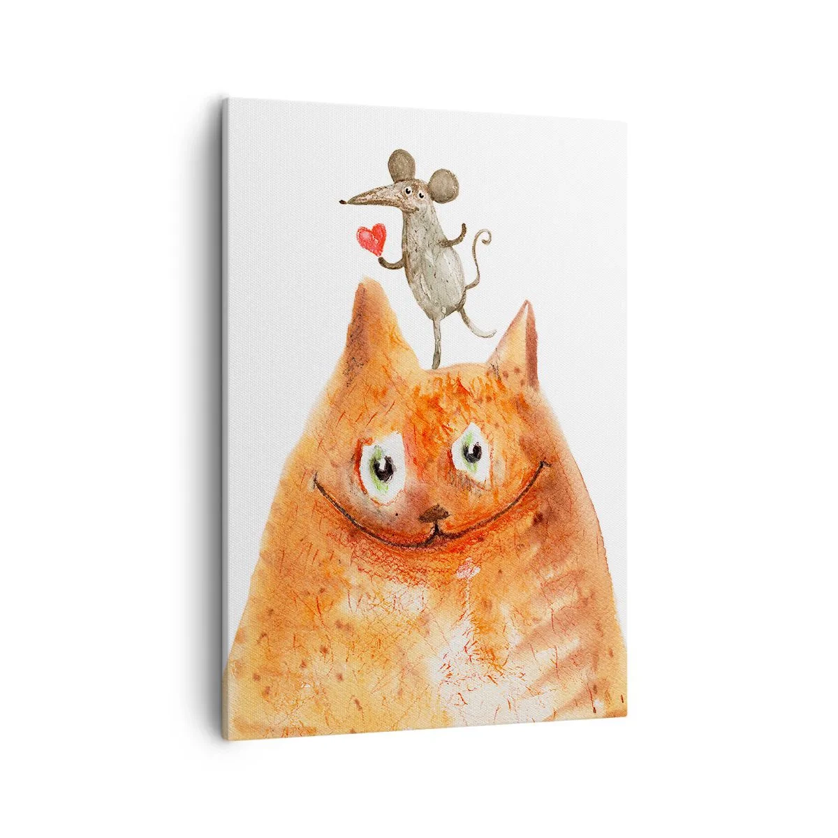 Cuadro sobre lienzo - Impresión de Imagen - Un dibujo de un gato con un ratón en la cabeza sosteniendo un corazón. - 50x70cm - Paradojas del amor - Decoración de pared moderna para salón y dormitorio ARTTOR