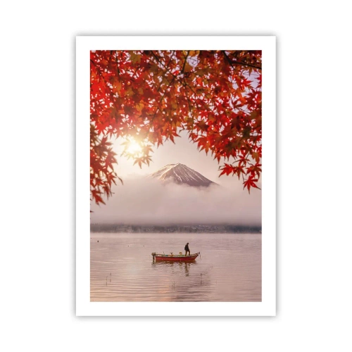 Póster - Monte Fuji con un barco en un lago y hojas de otoño - 50x70cm - Estilo japonés - Decoración de pared moderna para salón y dormitorio ARTTOR