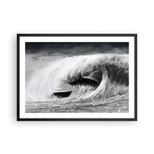 Póster en marco negro - Ola oceánica dramática en monocromo - 70x50cm - La ira del océano - Decoración de pared moderna para salón y dormitorio ARTTOR