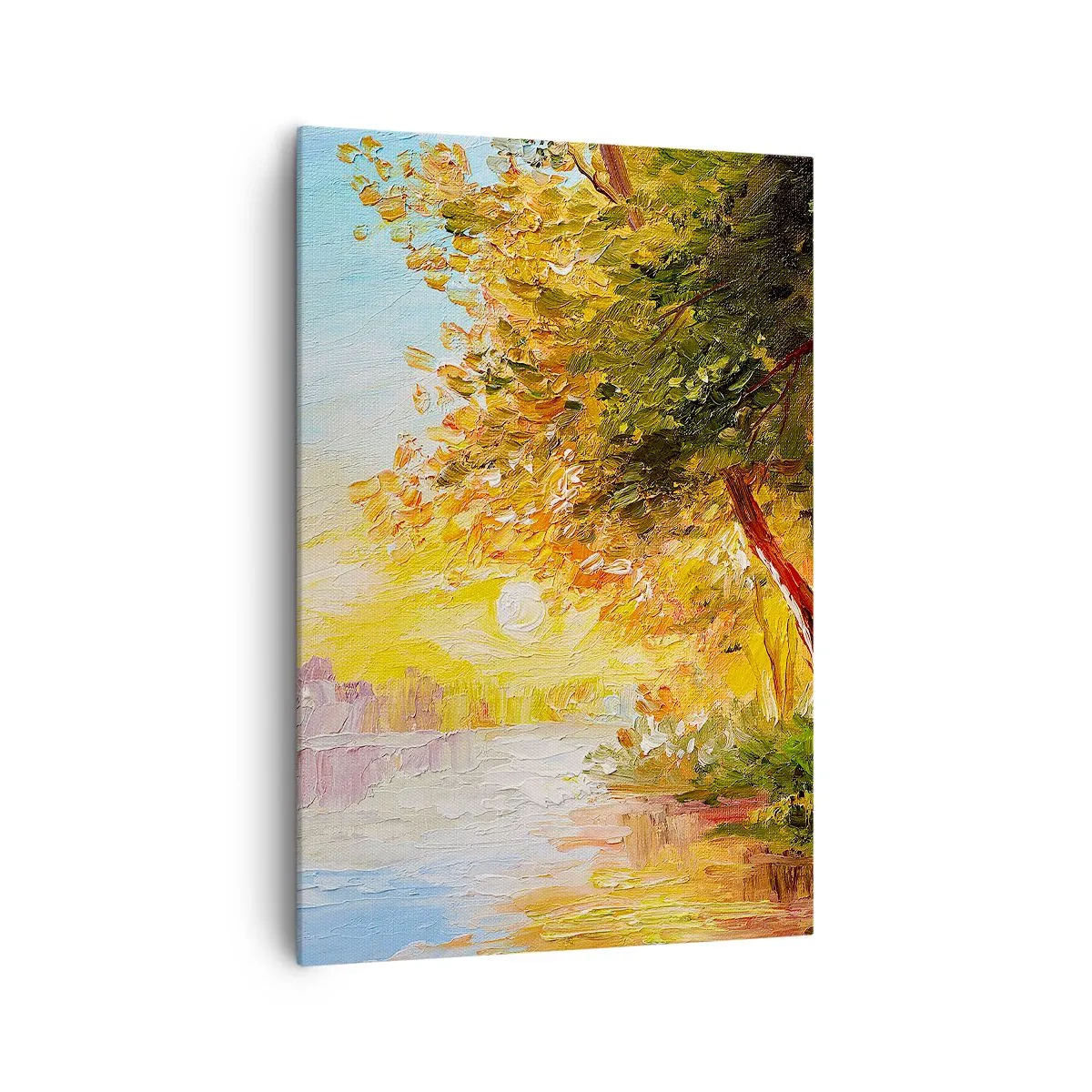 Cuadro sobre lienzo - Impresión de Imagen - Un paisaje pintoresco con un río y árboles al atardecer. - 70x100cm - Ensueño - Decoración de pared moderna para salón y dormitorio ARTTOR
