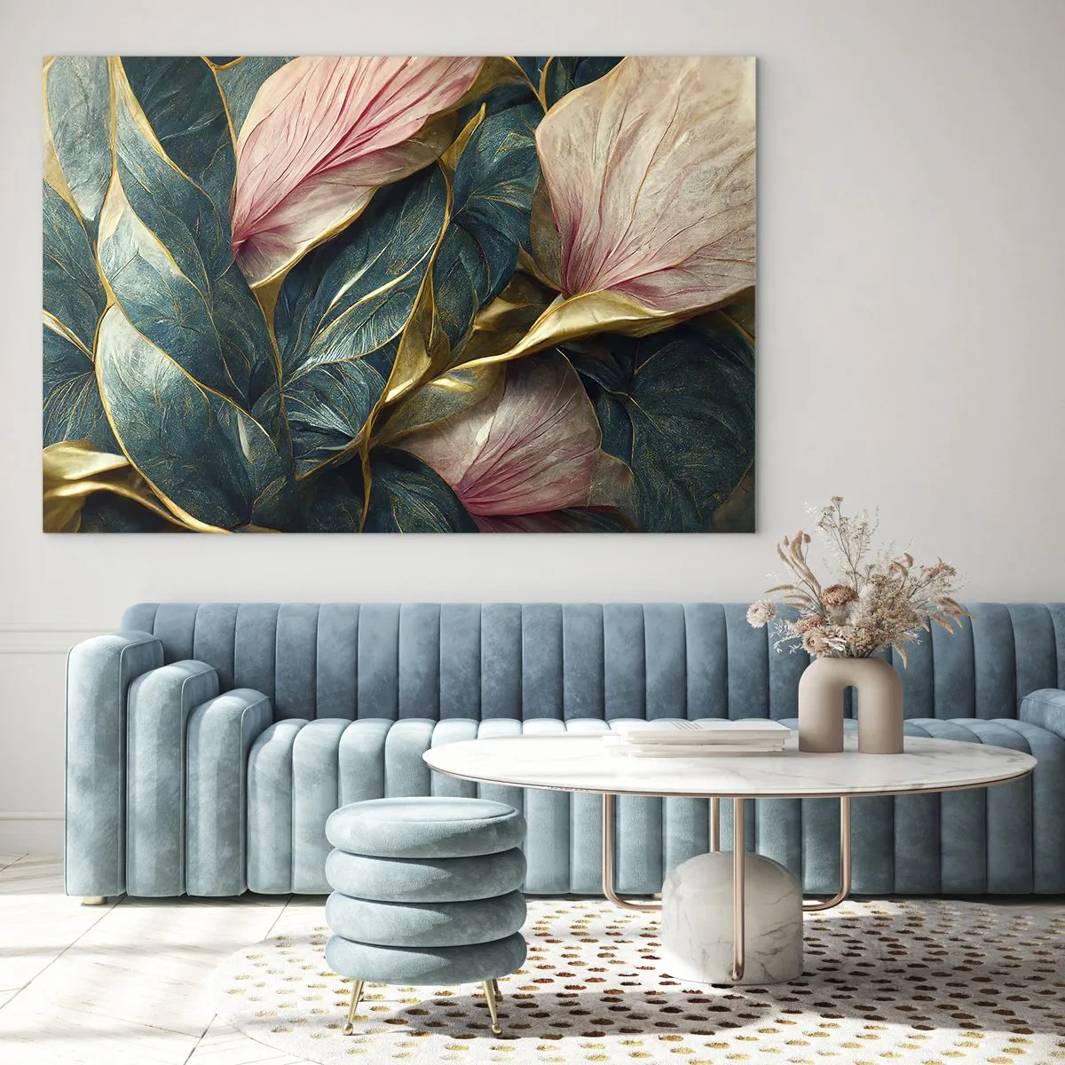 Cuadro sobre vidrio - Impresiones sobre Vidrio - Hojas verdes y rosas con acentos dorados. - 70x50cm - Elegancia y estilo naturales - Decoración de pared moderna para salón y dormitorio ARTTOR