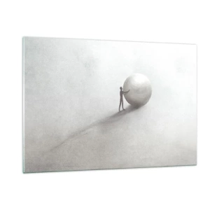 Cuadro sobre vidrio - Impresiones sobre Vidrio - Una silueta minimalista de un hombre con una pelota grande sobre un fondo claro. - 120x80cm - El juego de la vida - Decoración de pared moderna para salón y dormitorio ARTTOR