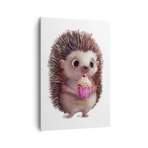 Cuadro sobre lienzo - Impresión de Imagen - Un lindo erizo con una magdalena. - 70x100cm - La celebración es diaria - Decoración de pared moderna para salón y dormitorio ARTTOR