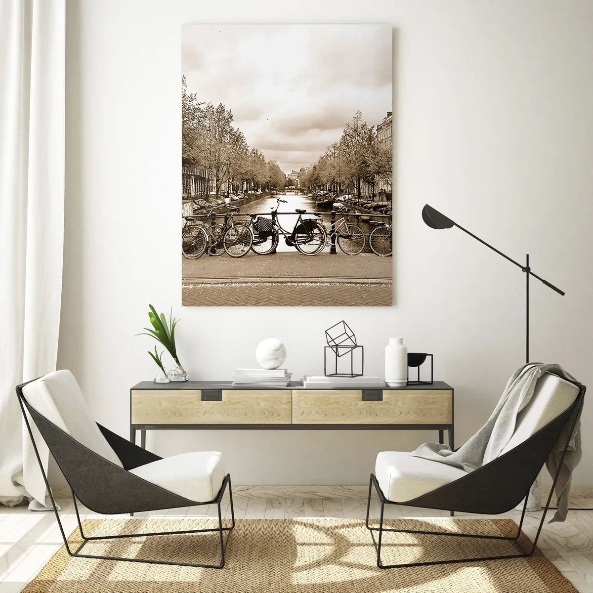 Cuadro sobre vidrio - Impresiones sobre Vidrio - Puente para bicicletas sobre el canal en sepia - 70x100cm - Holanda solo hay una - Decoración de pared moderna para salón y dormitorio ARTTOR