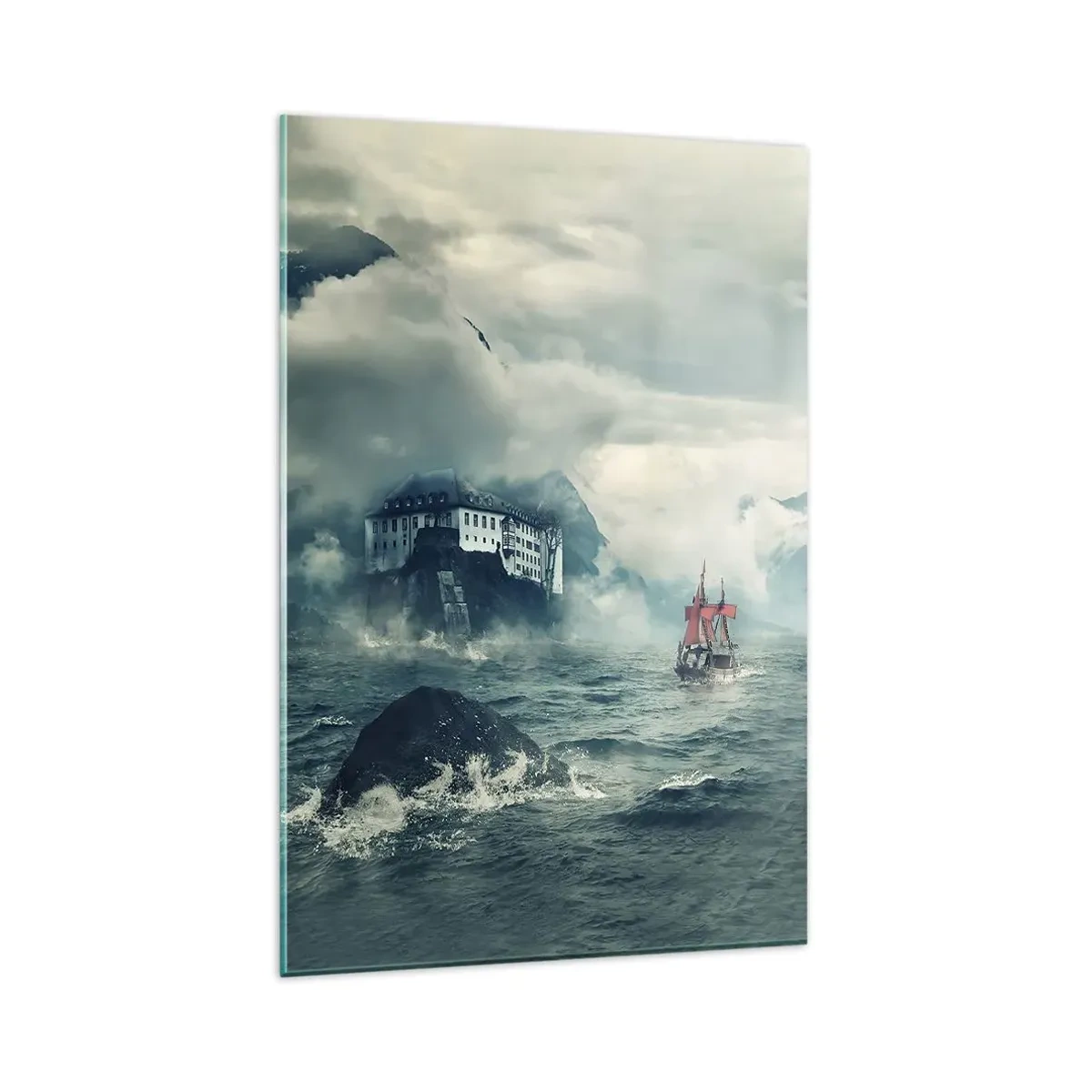 Cuadro sobre vidrio - Impresiones sobre Vidrio - Un paisaje misterioso con un castillo, montañas y un barco. - 80x120cm - En aguas mágicas - Decoración de pared moderna para salón y dormitorio ARTTOR