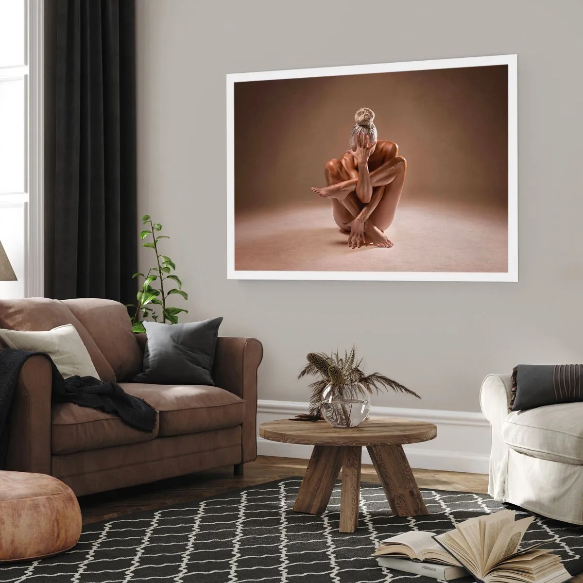 Póster - Silueta artística de una mujer sobre un fondo beige. - 100x70cm - Unidad de cuerpo y espíritu - Decoración de pared moderna para salón y dormitorio ARTTOR