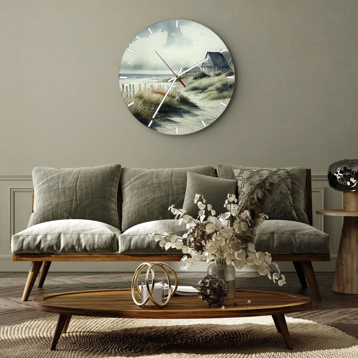 Reloj de pared - Reloj de vidrio - Casas de dunas de estilo acuarela en una tranquila orilla del mar - 30x30cm - Lejos del bullicio - Decoración de pared moderna para salón, cocina y dormitorio ARTTOR