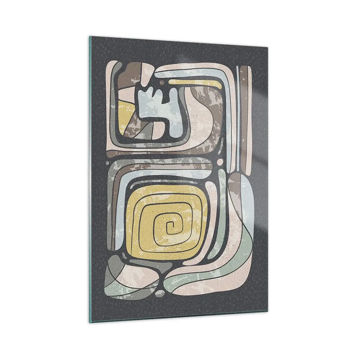 Cuadro sobre vidrio - Impresiones sobre Vidrio - Abstracción geométrica en tonos terrosos sobre fondo negro. - 50x70cm - Abstracción con espíritu precolombino - Decoración de pared moderna para salón y dormitorio ARTTOR