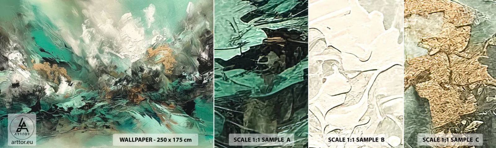 Muestra de fotomural autoadhesivo Deluxe Sticker - Hervor negro esmeralda - Abstracción, Pedazo, Pintar - 100x30 cm