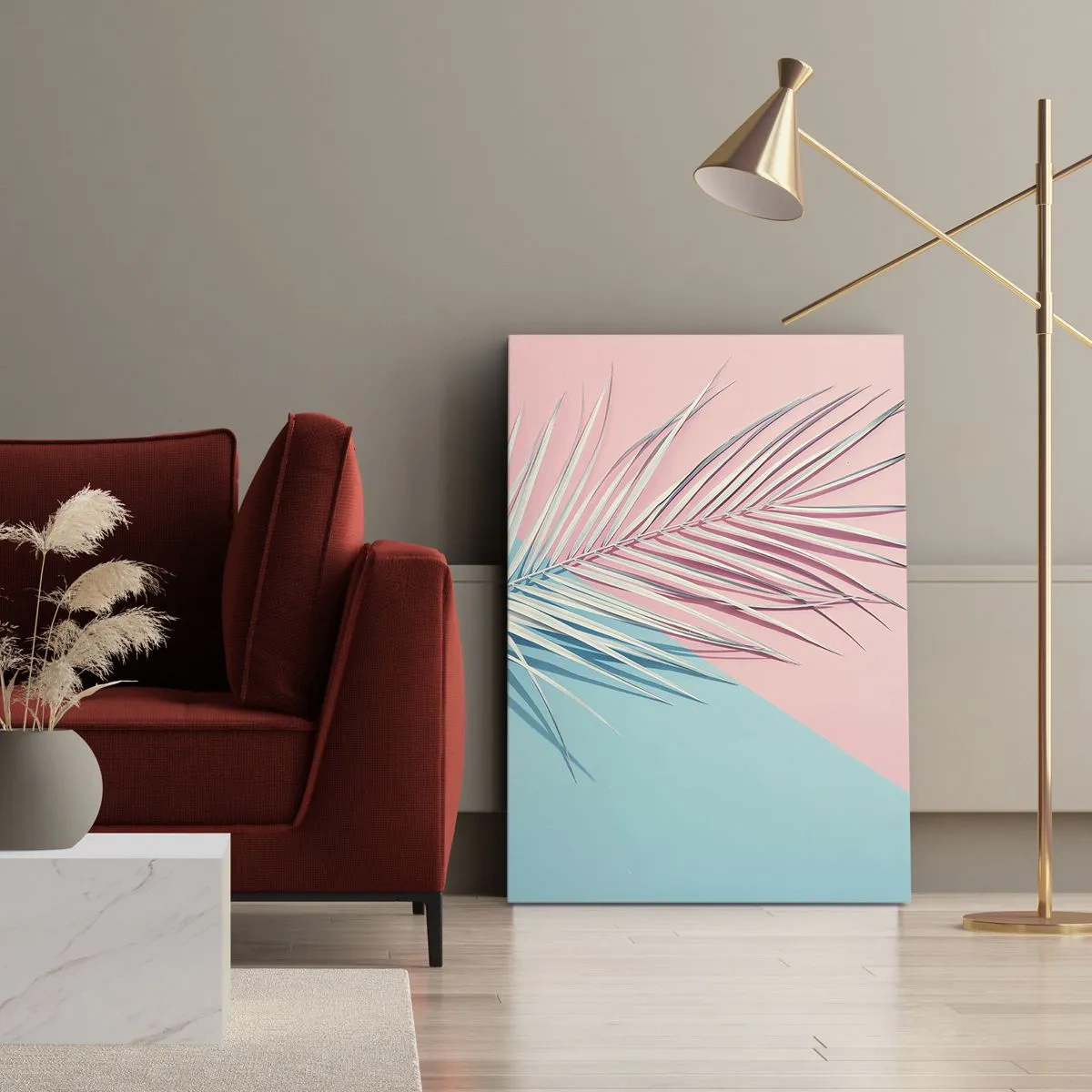 Cuadro sobre lienzo - Impresión de Imagen - Hoja tropical sobre un fondo de tonos pastel de rosa y azul. - 70x100cm - Impresión tropical - Decoración de pared moderna para salón y dormitorio ARTTOR