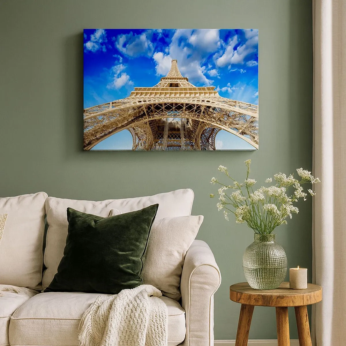 Cuadro sobre lienzo - Impresión de Imagen - La Torre Eiffel desde abajo contra un cielo azul - 70x50cm - Alcanzando el cielo y las nubes - Decoración de pared moderna para salón y dormitorio ARTTOR