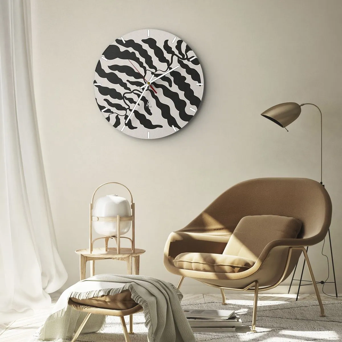 Reloj de pared - Reloj de vidrio - Formas orgánicas negras similares a hojas sobre un fondo claro - 30x30cm - La naturaleza de un cuadrado - Decoración de pared moderna para salón, cocina y dormitorio ARTTOR