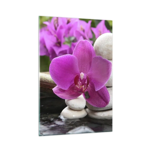 Cuadro sobre vidrio - Impresiones sobre Vidrio - Orquídea morada, piedras y bambú con agua en un entorno relajante. - 80x120cm - Ya estás descansando - Decoración de pared moderna para salón y dormitorio ARTTOR
