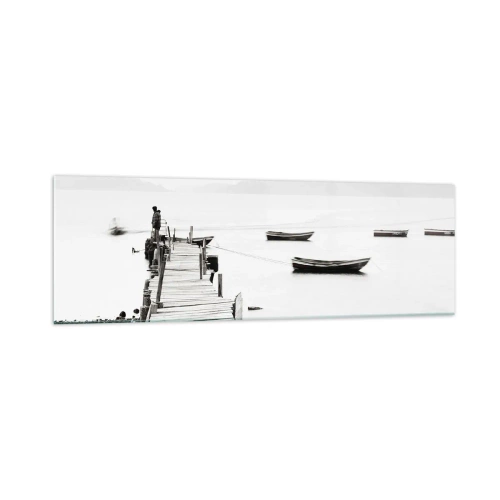 Cuadro sobre vidrio - Impresiones sobre Vidrio - Muelle de madera y barcos en aguas tranquilas - 160x50cm - Junto al agua tranquila y clara - Decoración de pared moderna para salón y dormitorio ARTTOR
