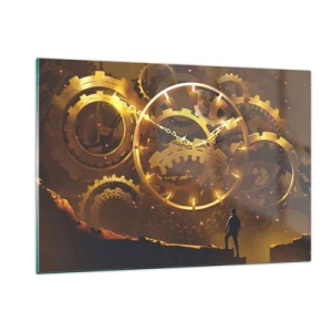 Cuadro sobre vidrio - Impresiones sobre Vidrio - Engranajes steampunk dorados con retroiluminación sobre una silueta humana - 120x80cm - En la fuente del tiempo - Decoración de pared moderna para salón y dormitorio ARTTOR