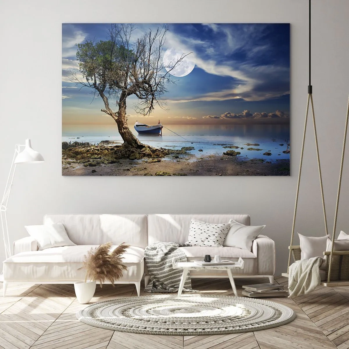 Cuadro sobre vidrio - Impresiones sobre Vidrio - Un barco solitario junto a un árbol con la luna como telón de fondo. - 100x70cm - ¿Es el final o el principio? - Decoración de pared moderna para salón y dormitorio ARTTOR
