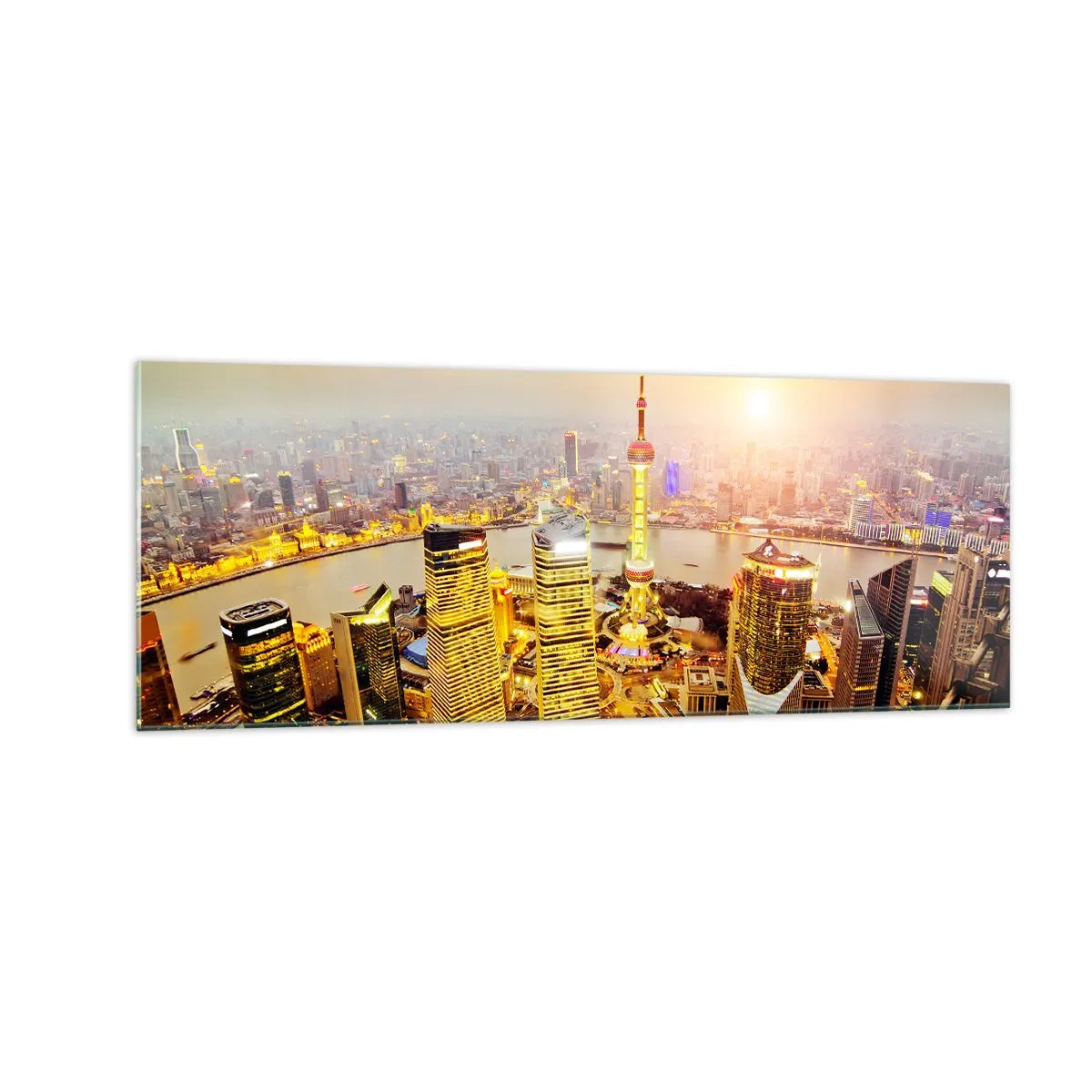 Cuadro sobre vidrio - Impresiones sobre Vidrio - Panorama de la ciudad con rascacielos al atardecer - 140x50cm - Sueño asiático - Decoración de pared moderna para salón y dormitorio ARTTOR