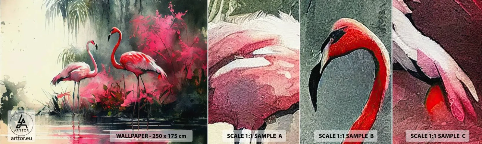 Muestra De Fotomural Standard Eco - Una lección de encanto natural - flamencos, Pedazo, Paisaje - 100x30 cm