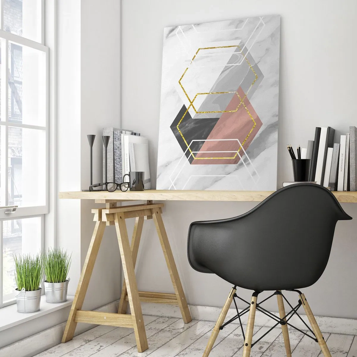 Cuadro sobre vidrio - Impresiones sobre Vidrio - Figuras geométricas con acentos dorados y de mármol. - 80x120cm - Composición en cadena - Decoración de pared moderna para salón y dormitorio ARTTOR