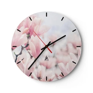 Reloj de pared - Reloj de vidrio - Delicadas magnolias rosas sobre un fondo borroso - 30x30cm - La perfección de la sutileza - Decoración de pared moderna para salón, cocina y dormitorio ARTTOR