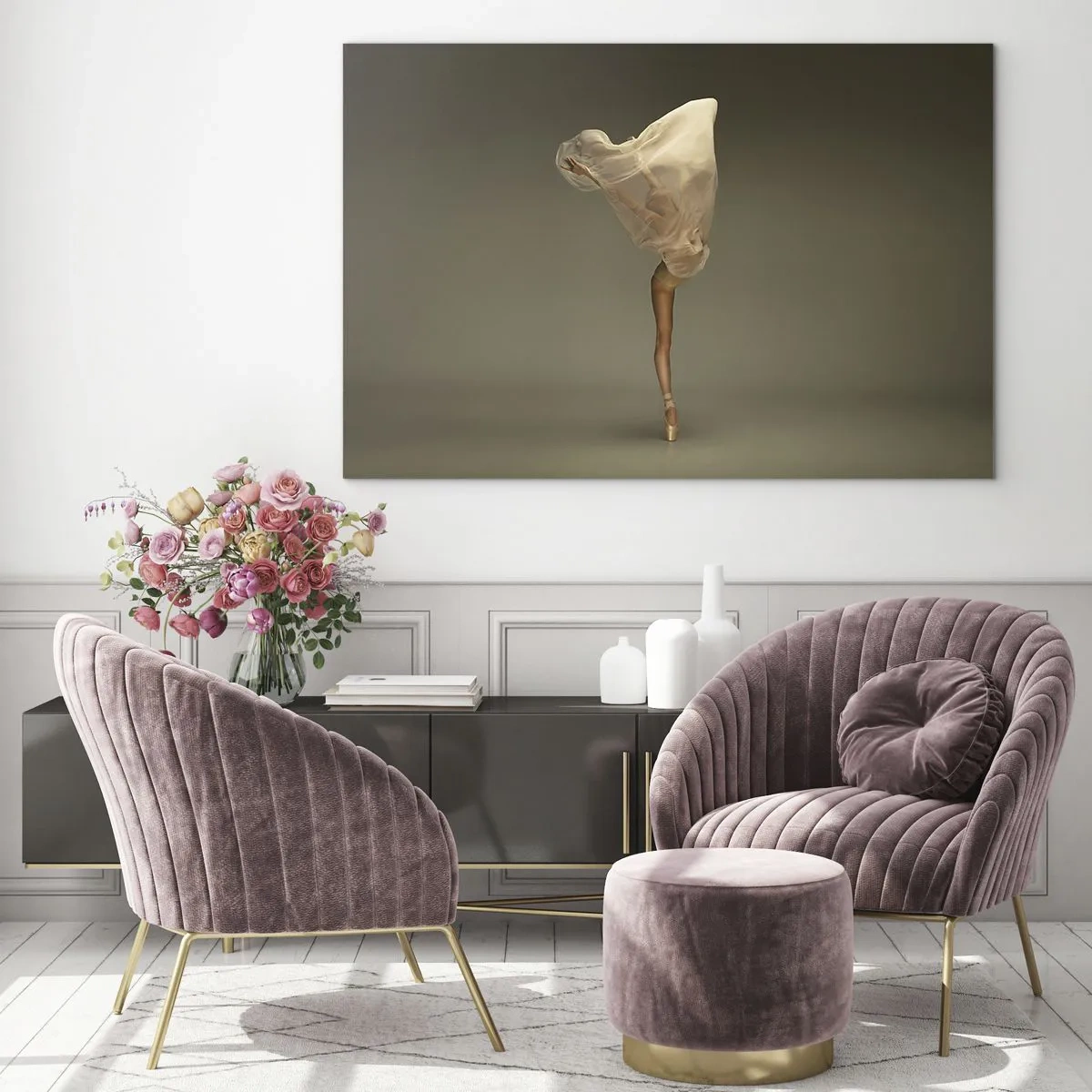 Cuadro sobre vidrio - Impresiones sobre Vidrio - Una bailarina en una pose delicada con el velo levantado. - 70x50cm - A punto de volar - Decoración de pared moderna para salón y dormitorio ARTTOR