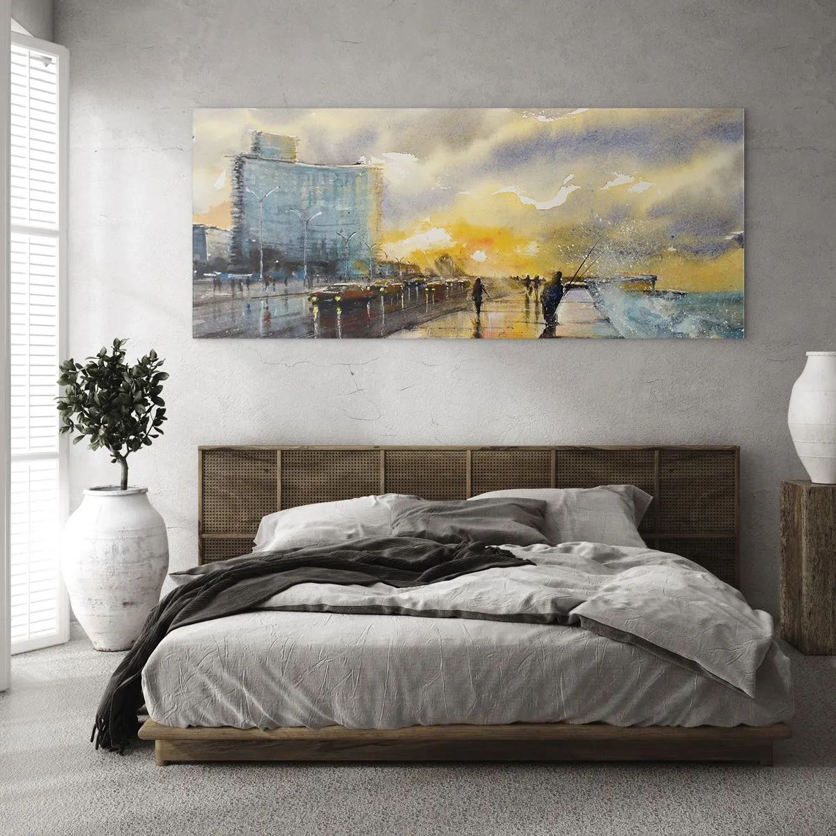 Cuadro sobre vidrio - Impresiones sobre Vidrio - Una vista pintoresca del paseo marítimo al atardecer. - 140x50cm - Vida en la orilla - Decoración de pared moderna para salón y dormitorio ARTTOR