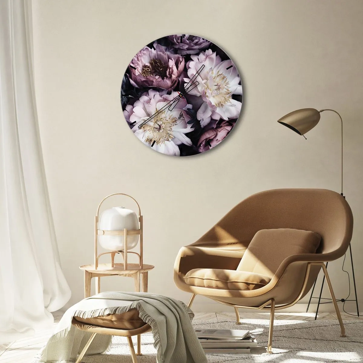 Reloj de pared - Reloj de vidrio - Peonías rosas y crema en un arreglo denso y sombreado. - 30x30cm - Un ramo a la antigua usanza - Decoración de pared moderna para salón, cocina y dormitorio ARTTOR