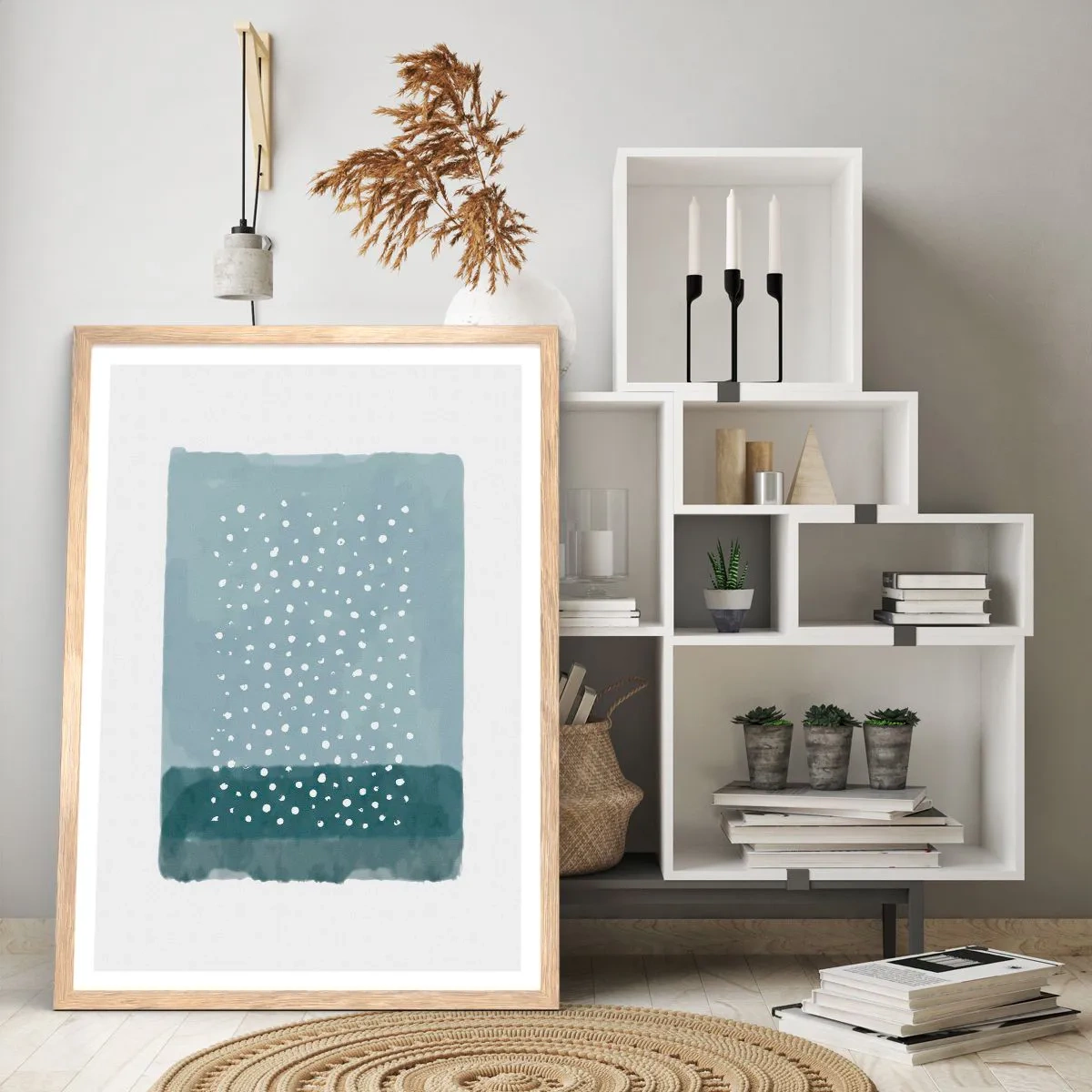 Póster en marco roble claro - Creación sobre azul - 40x50 cm