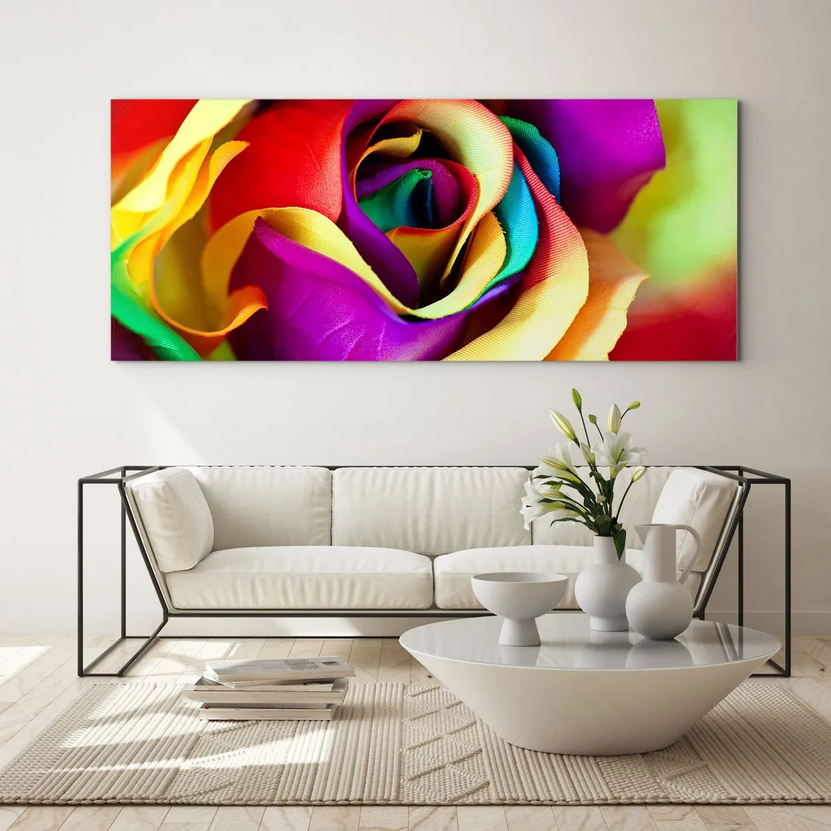 Cuadro sobre vidrio - Impresiones sobre Vidrio - Una rosa colorida en tonos arcoíris. - 120x50cm - Es imposible - Decoración de pared moderna para salón y dormitorio ARTTOR