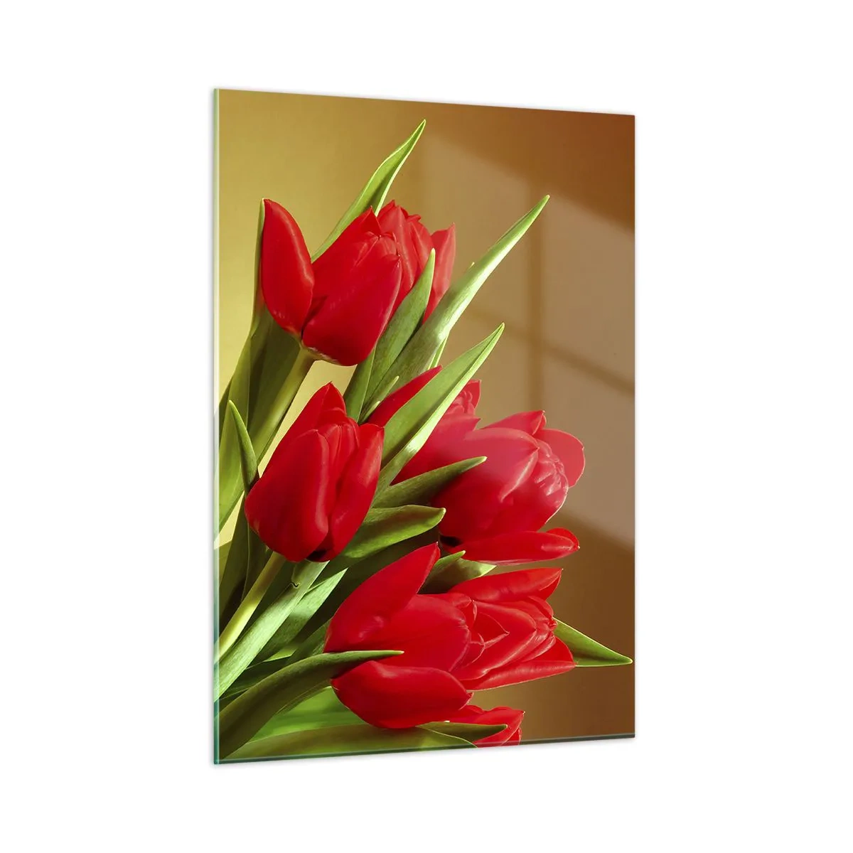 Cuadro sobre vidrio - Impresiones sobre Vidrio - Un ramo de tulipanes rojos sobre un fondo dorado. - 50x70cm - Estallido de alegría primaveral - Decoración de pared moderna para salón y dormitorio ARTTOR