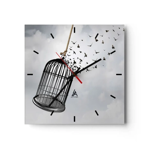 Reloj de pared - Reloj de vidrio - Pájaros volando desde una jaula contra el cielo. - 30x30cm - Fe... Esperanza... ¡Libertad! - Decoración de pared moderna para salón y dormitorio ARTTOR