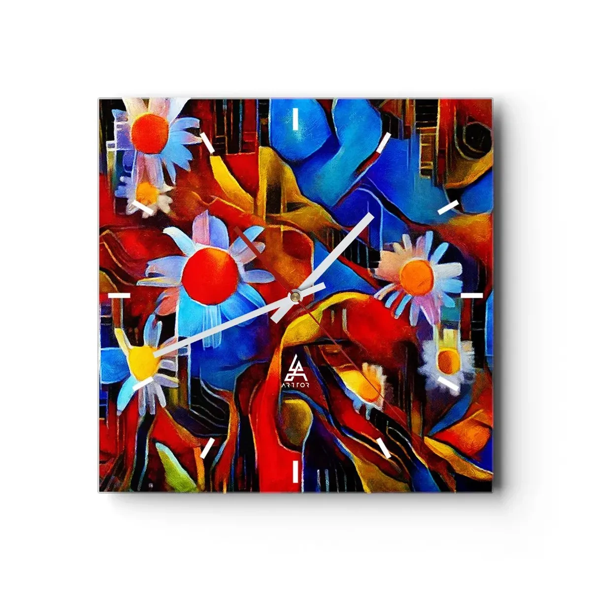 Reloj de pared - Reloj de vidrio - Flores abstractas sobre un fondo de patrones geométricos. - 30x30cm - Colores de la vida - Decoración de pared moderna para salón y dormitorio ARTTOR