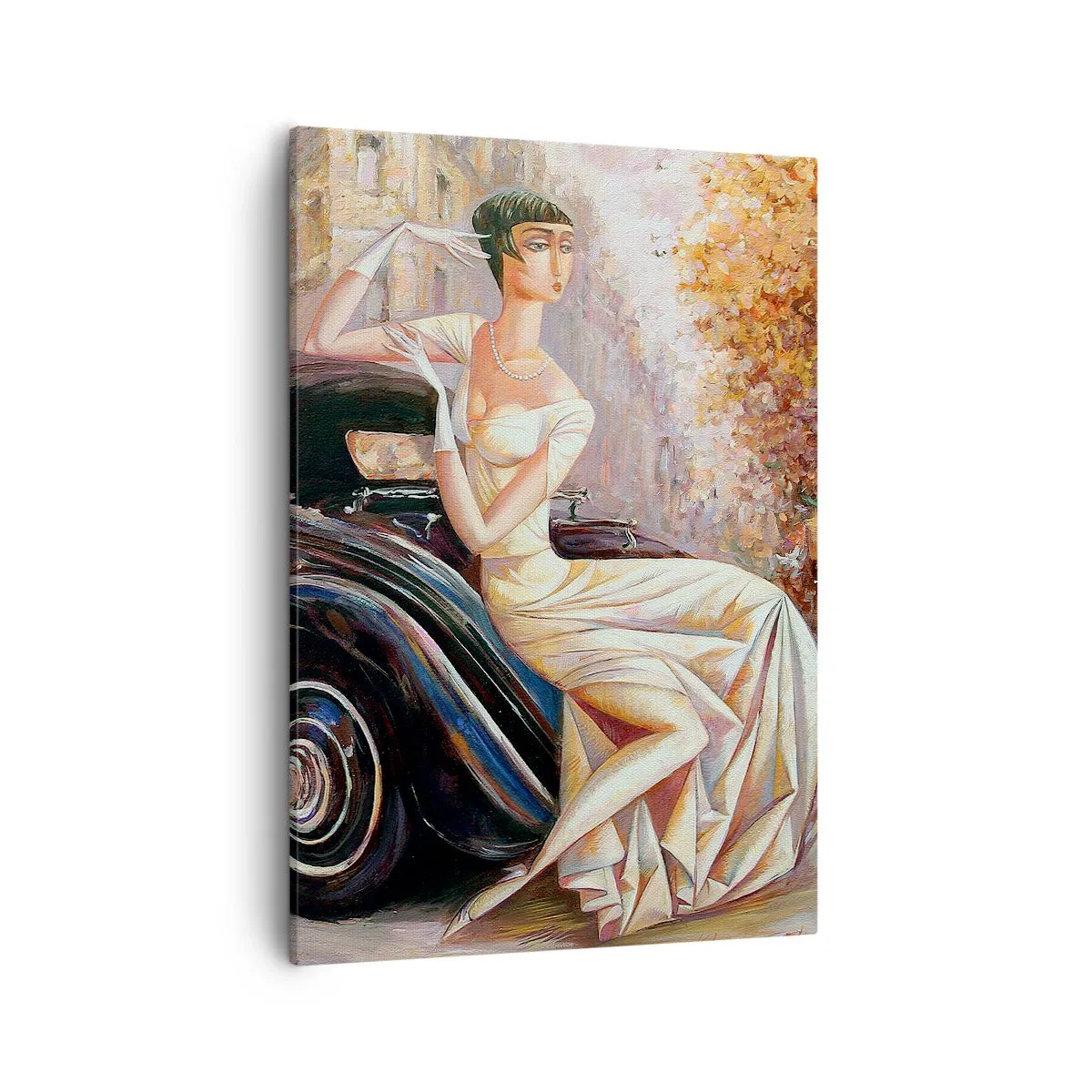Cuadro sobre lienzo - Impresión de Imagen - Mujer retro junto a un coche clásico - 50x70cm - Elegancia retro - Decoración de pared moderna para salón y dormitorio ARTTOR